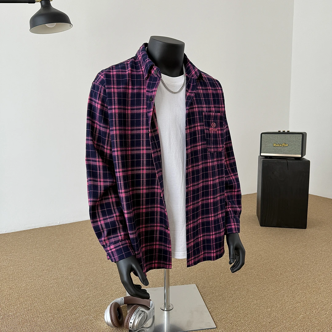 刺绣百搭格子休闲防晒衬衫男潮牌长袖宽松春秋季小众格子衬衫男生