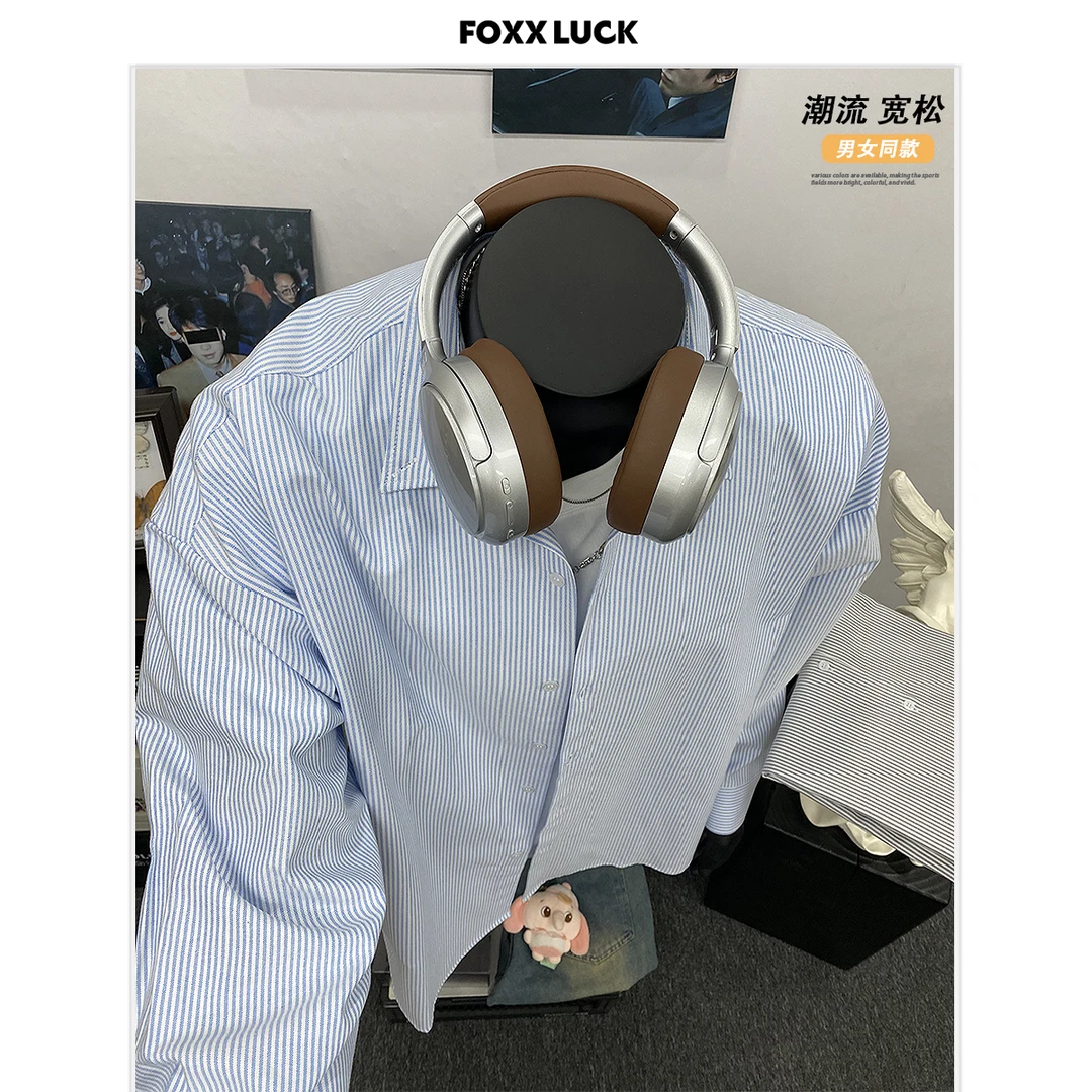 条纹衬衫男秋日系高街潮牌宽松衬衣复古city boy痞帅情侣长袖外套