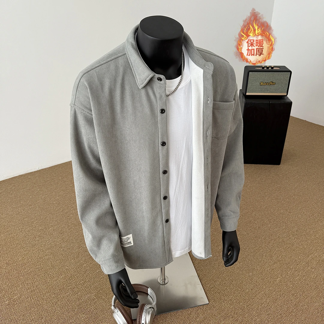 灯芯绒条纹衬衫男秋冬款内搭打底衫休闲长袖保暖衬衫加绒加厚衬衣