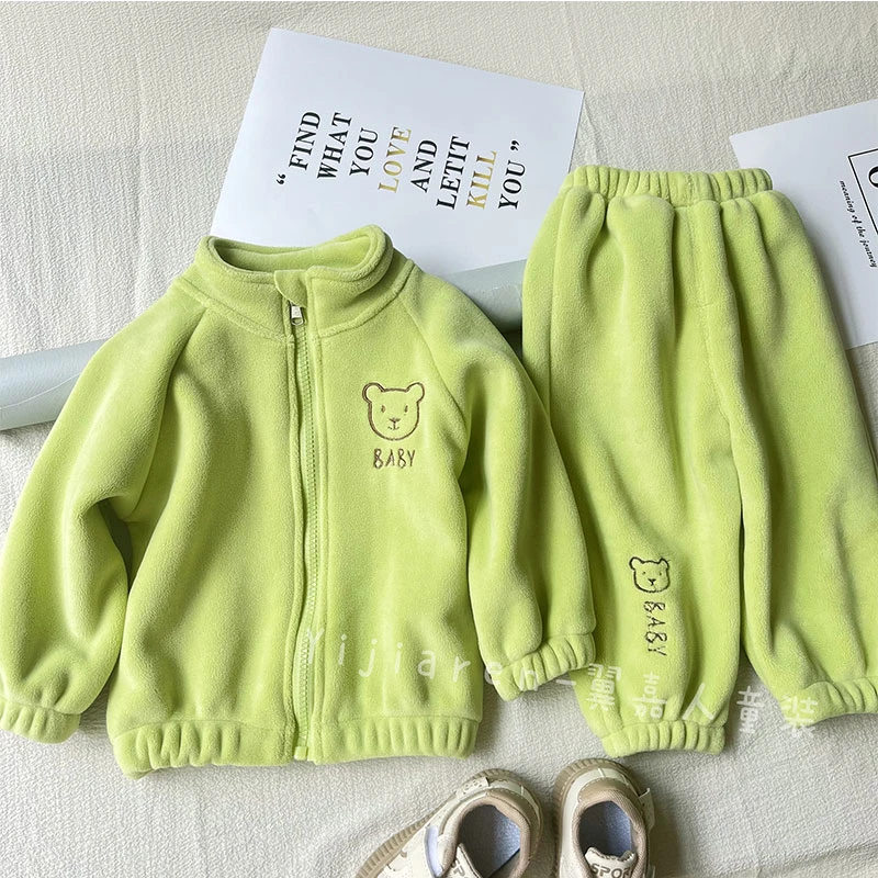 反季儿童秋冬双面奥利绒套装男女宝宝加绒外套裤子小童两件套休闲