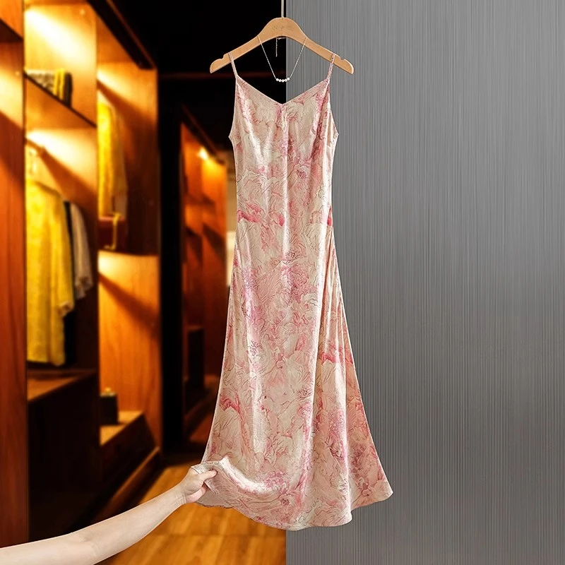 清仓！人丝印花吊带裙长裙2024夏季新款法式优雅性感V领A字连衣裙