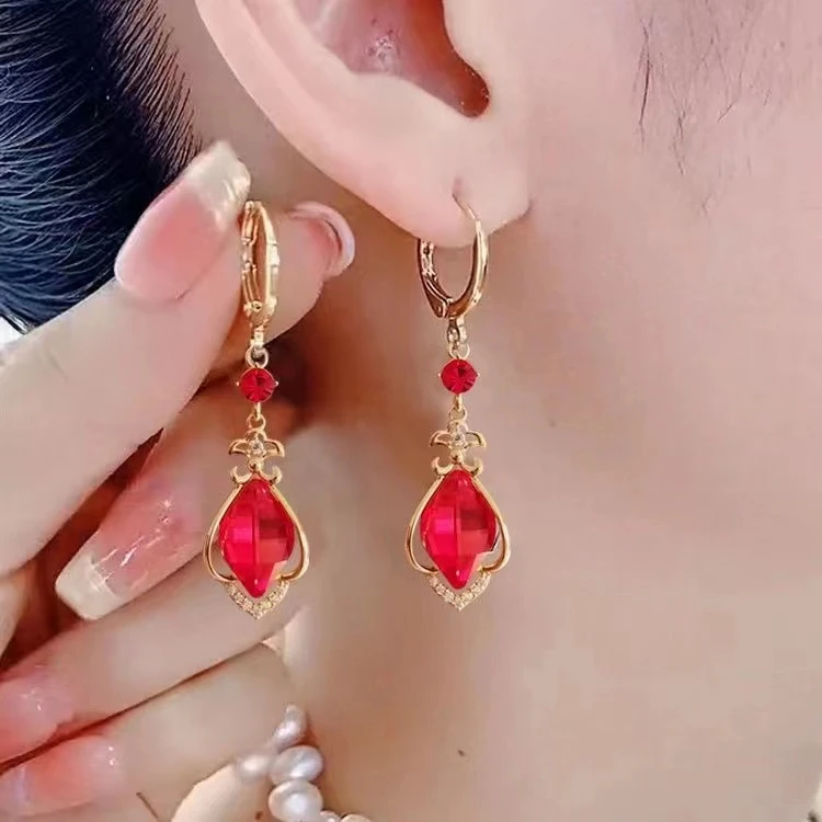铜合金合成锆石耳饰 妙链红色气质百搭款喜庆轻奢风女神范耳环259