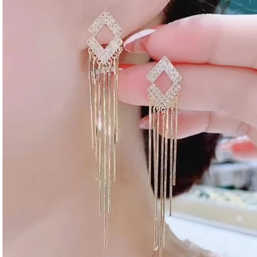 锌合金耳饰 夏天气质女神流苏耳环高雅菱形显瘦流苏耳坠S007