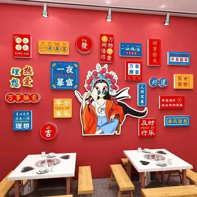 国潮风火锅店创意装饰餐饮烧烤肉氛围布置打造网红墙壁面贴纸挂画