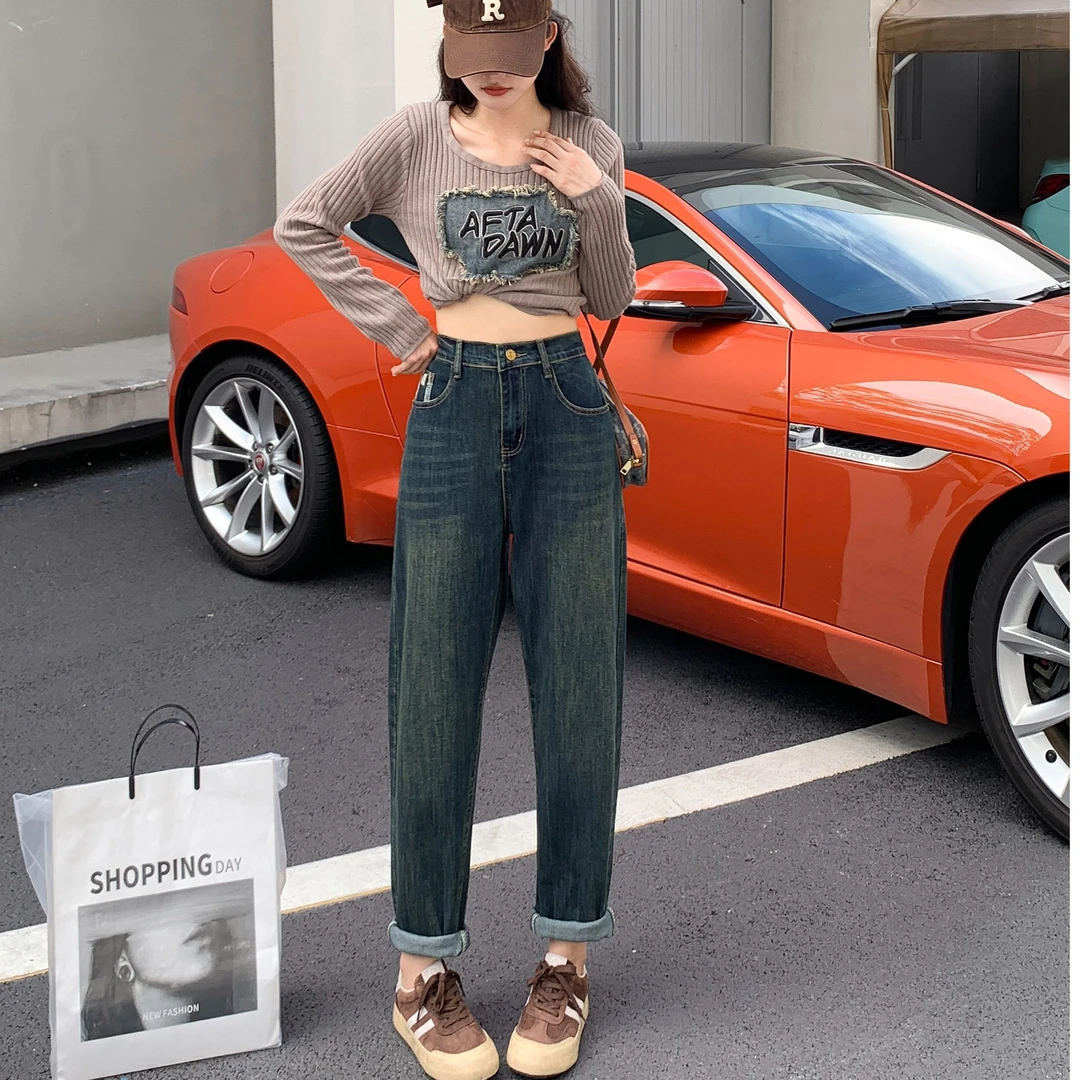 2024秋季新款胖MM复古蓝老爹裤半松紧压花大码牛仔裤遮跨显瘦裤子