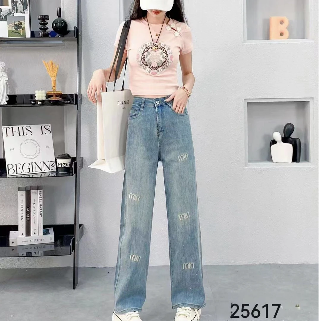 【烫钻】大码MM牛仔阔腿裤2025夏季爆款韩版修身遮跨显瘦直筒裤潮