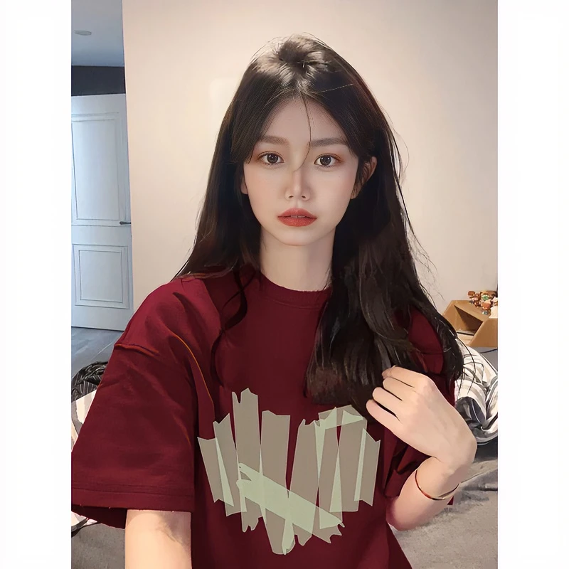 夏季纯棉200g美式红色t恤百搭宽松学生ins印花半袖学生上衣体恤衫