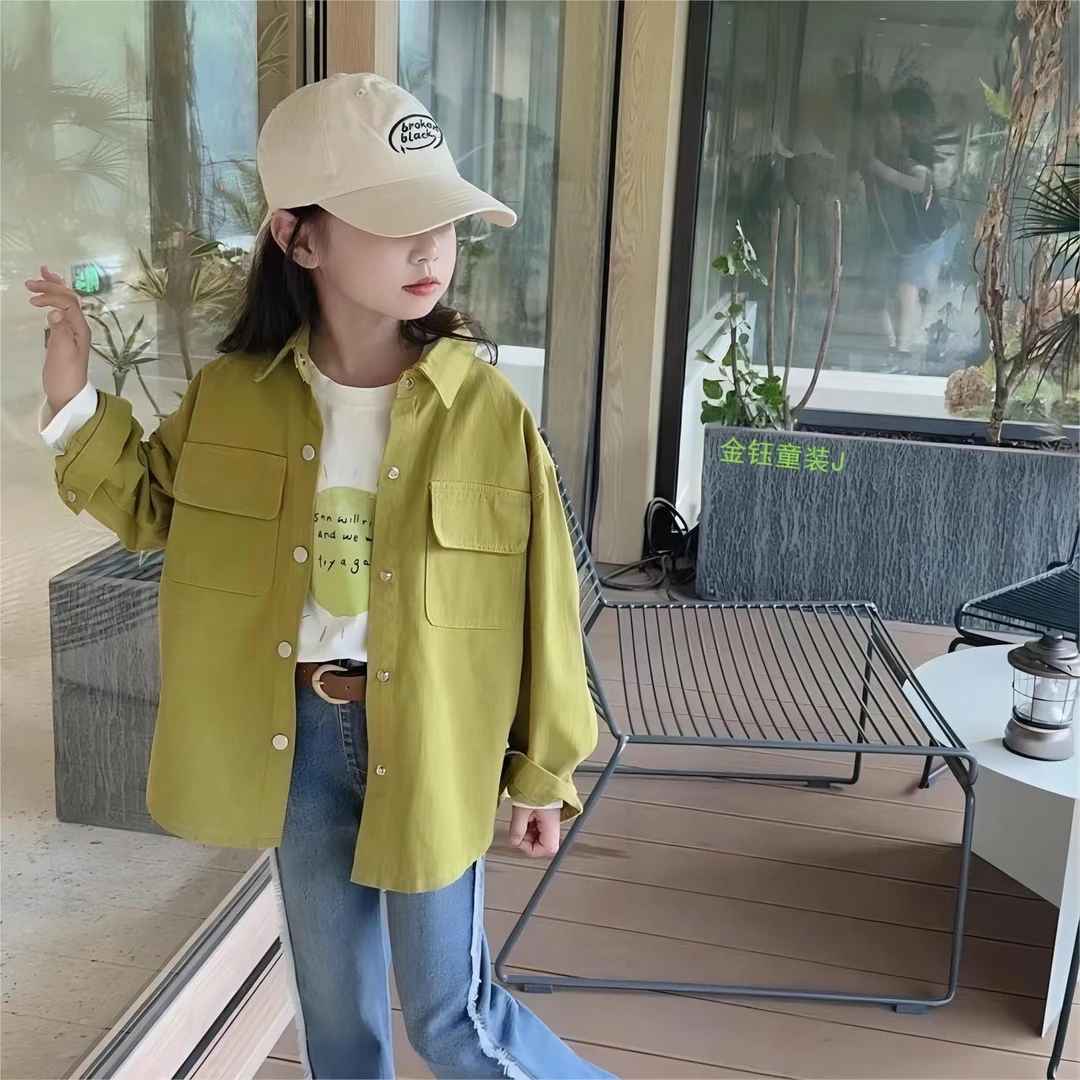 女童衬衫外套春秋款2025新款韩系女孩时尚洋气学生纯色上衣百搭