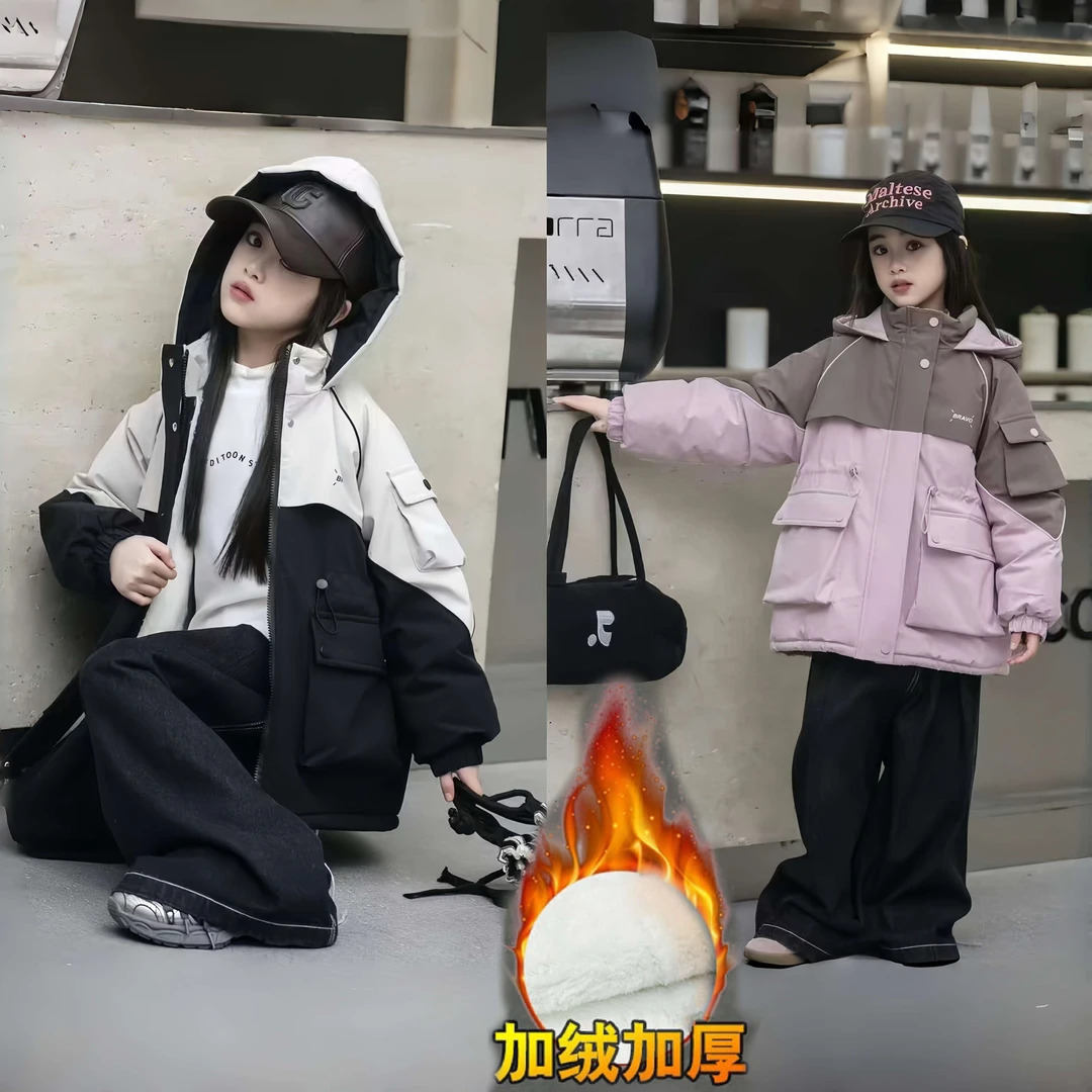 女童外套加绒加厚2024新款女孩冲锋衣冬装儿童小中大童收腰派克服