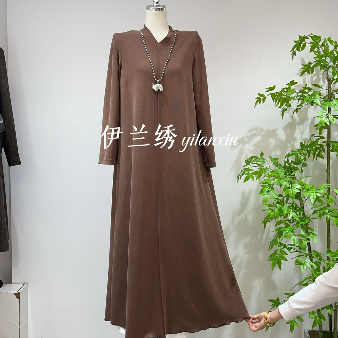 秋冬新款日系纯色长袖长裙女气质宽松圆领A字连衣裙