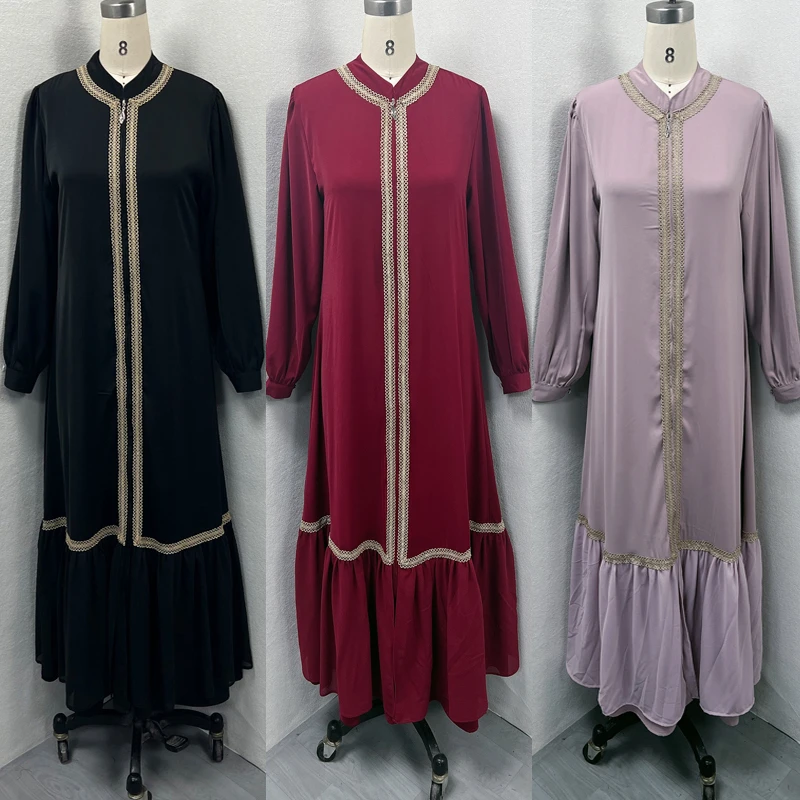 2024春夏新款韩版花边配雪纺前拉链开衫长裙，加密莱卡布料