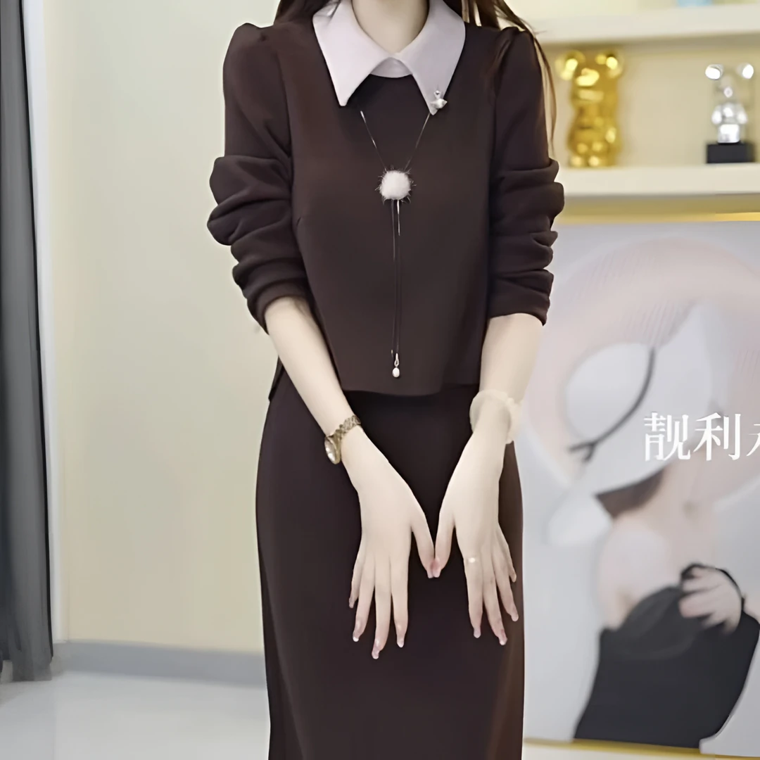 时尚雪尔绒假两件连衣裙2024冬季新款洋气修身加厚中长款拼接裙子