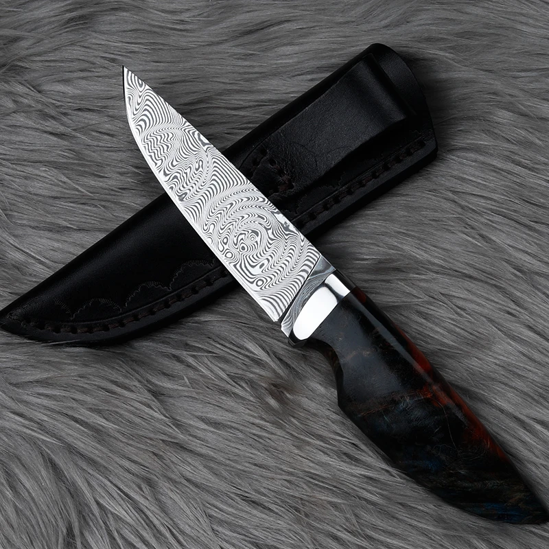 【轻奢刀坊】瑕疵秋叶 稳定木无心大马士革花纹手把肉小刀花纹野营