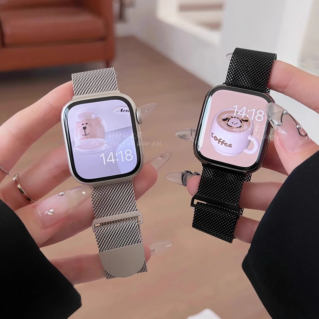 男女新款荣耀手表4/5表带米兰尼斯磁吸不锈钢带金属透气运动适用