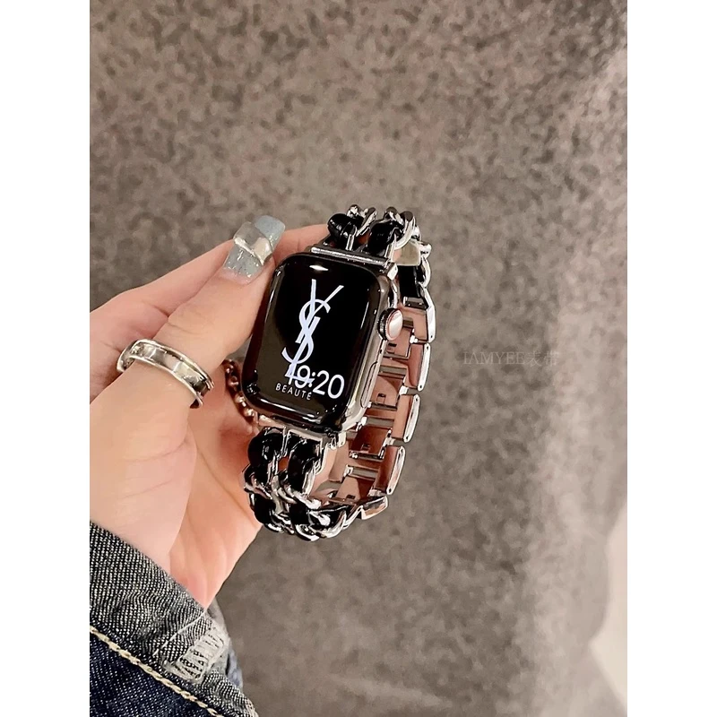 新款小香风金属真皮质oppo watch321代3/4pro手表带链se高级适用