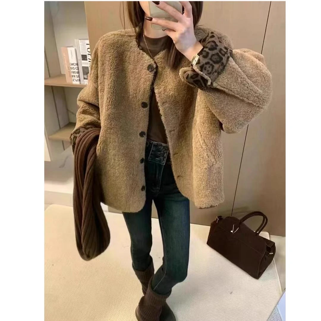 241082单排扣拼色豹纹撞色皮毛一体外套