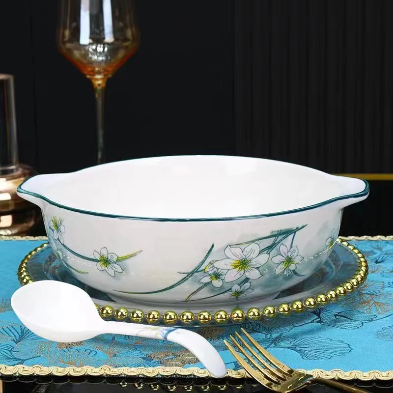 【水仙花双耳带耳10.5英寸汤碗一个送勺子一个】破损补发