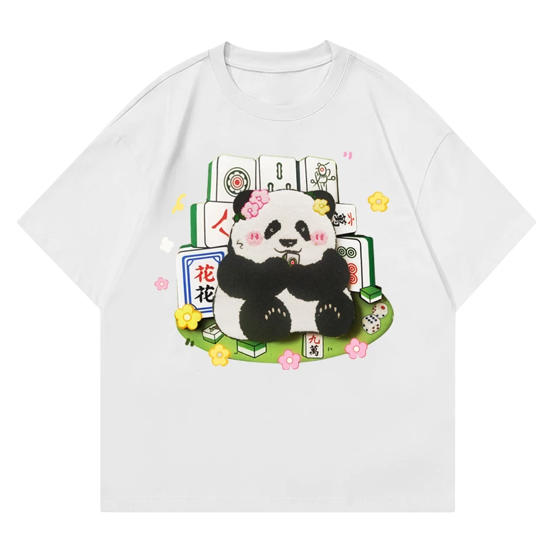 重工刺绣麻将熊猫花花宽松 落肩夏季透气圆领短袖T恤百搭创意休闲