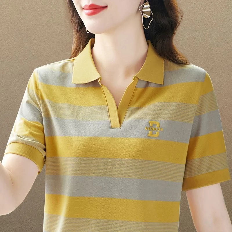 短袖t恤夏季百搭运动休闲中年女士翻领条纹大码打底洋气半袖显瘦
