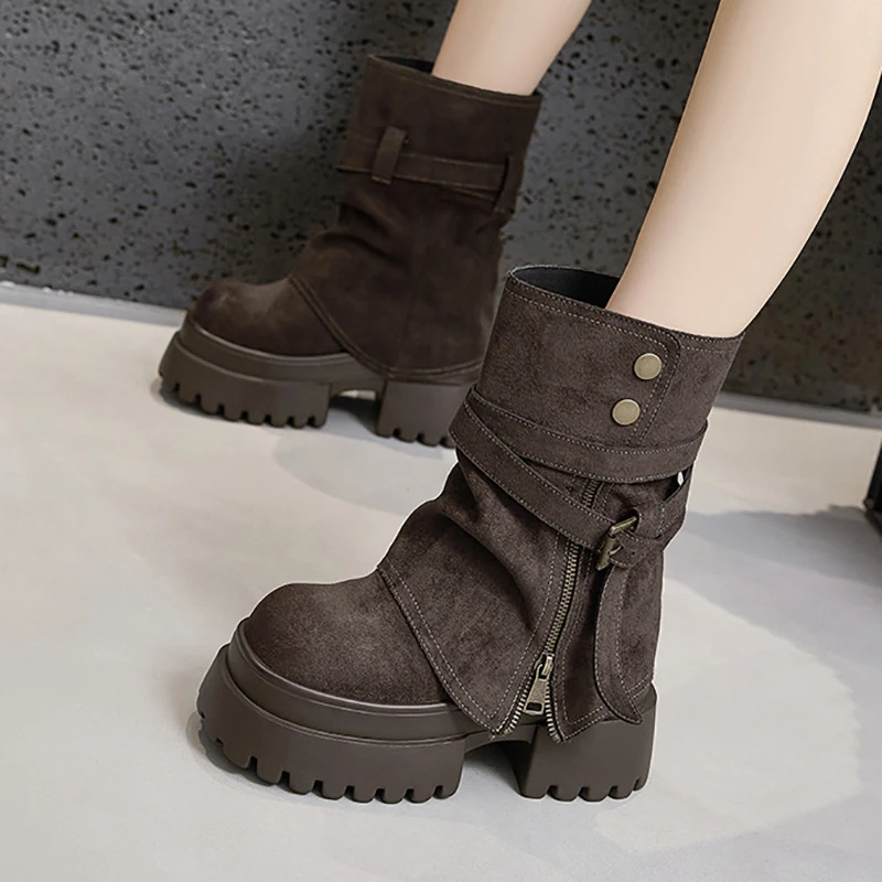 厚底马丁靴女2025秋冬新款小个子内增高靴子中筒烟筒靴百搭裤管靴