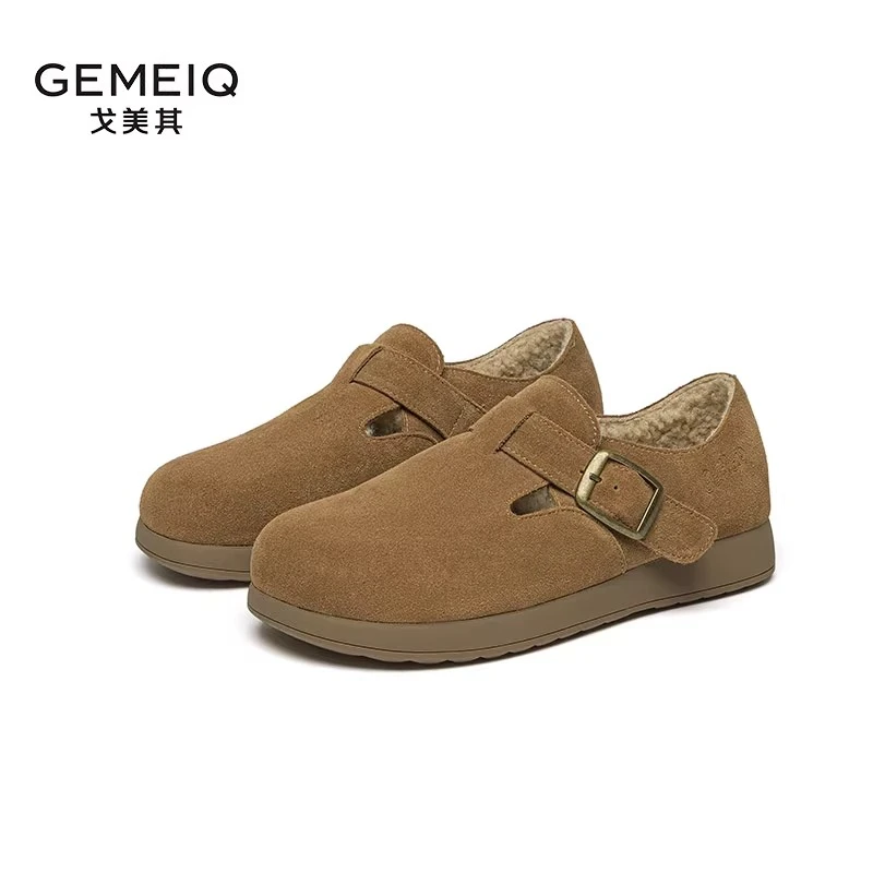 戈美其真皮勃肯鞋女鞋2024冬季新款一脚蹬平底复古软底加绒保暖