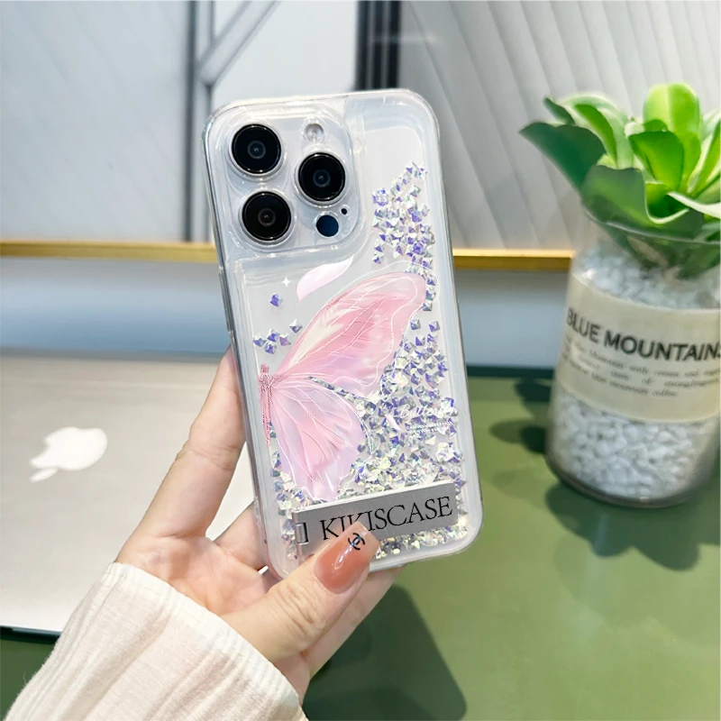 闪耀粉蝴蝶适用于苹果/华为/荣耀/畅享/oppo/vivo透明流沙手机壳