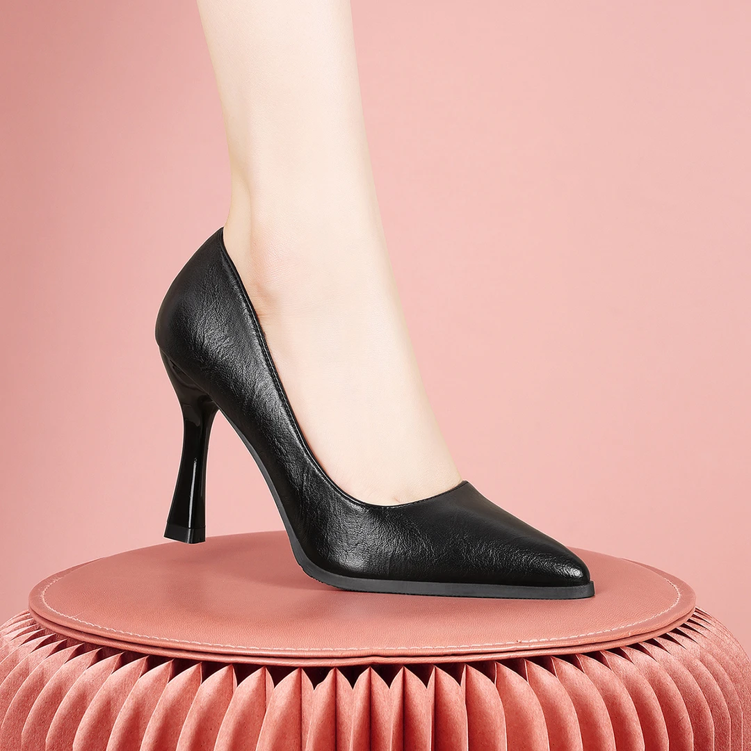 真软皮尖头细跟高跟单鞋女不累脚气质浅口百搭黑色职业性感工作鞋