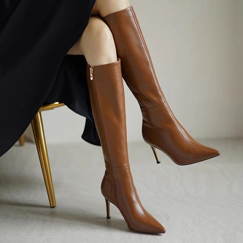 软皮长筒靴女粗腿大筒围秋冬加绒不过膝细跟尖头棕色法式高跟靴女