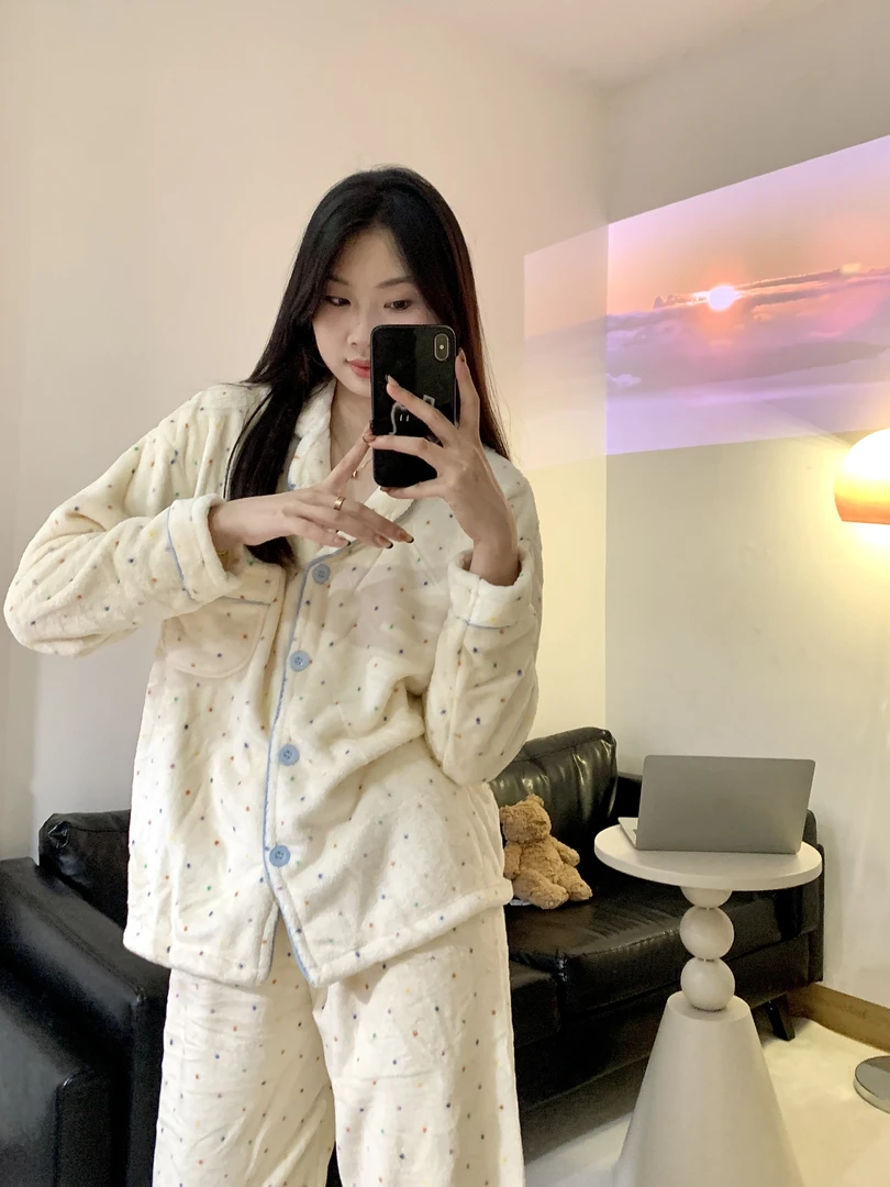【彩色波点】甜美波点少女加厚法兰绒睡衣秋冬保暖家居服套装可外穿