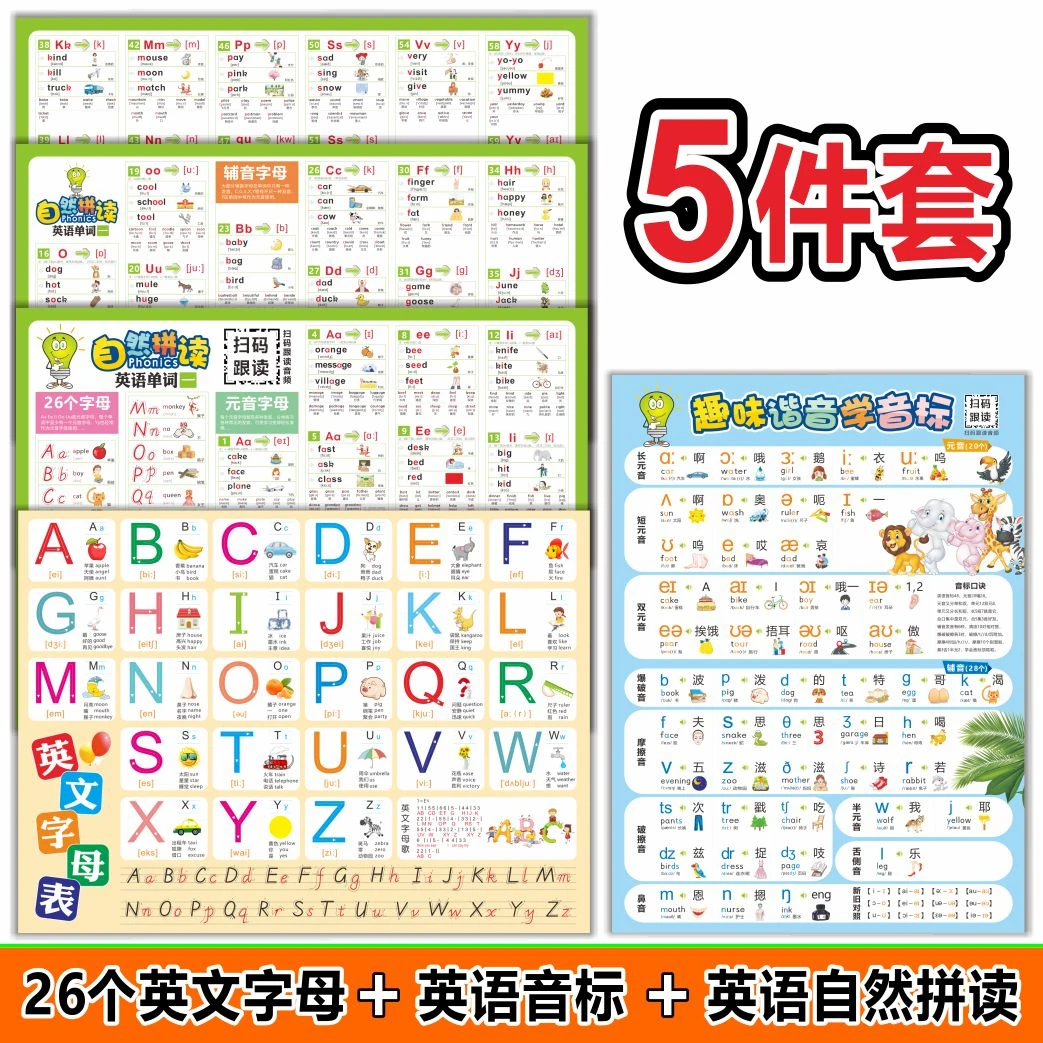 英语26个字母国际音标自然拼读零基础速学速记挂图墙贴知识点全套