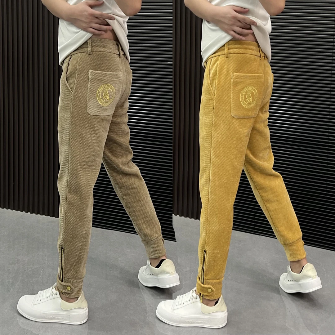 冬季新款加绒加厚保暖潮流男士休闲裤修身束脚裤刺绣拉链男裤百搭