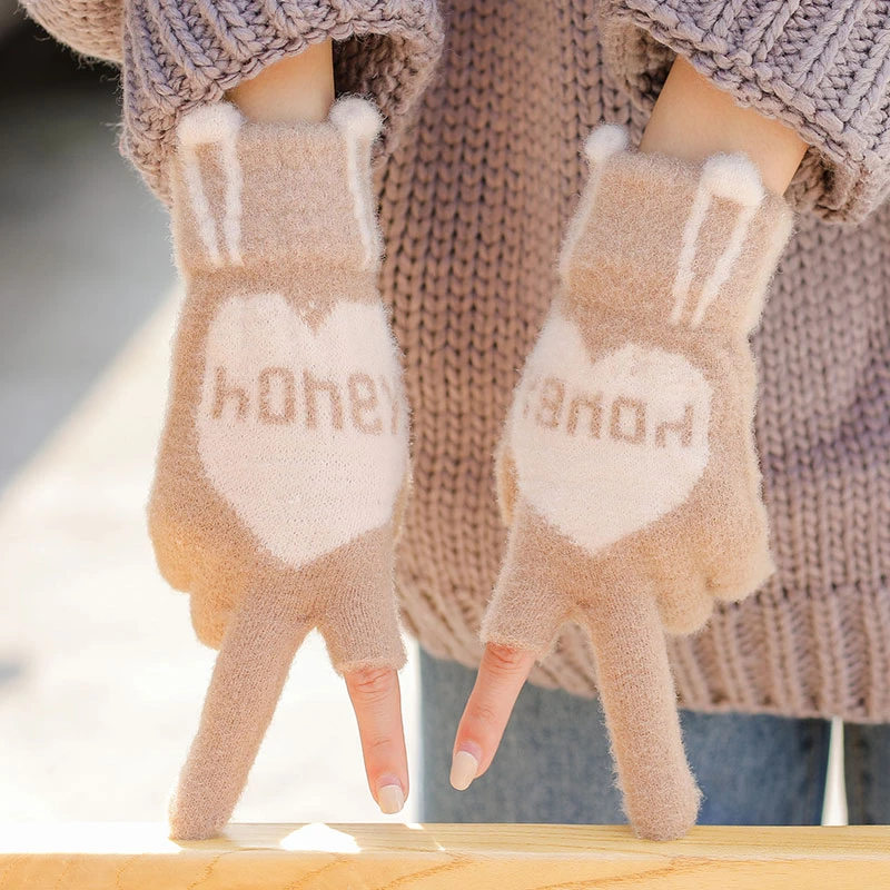 手套女冬季加厚保暖冬天可爱学生写字防寒毛线触屏漏二指露指断指