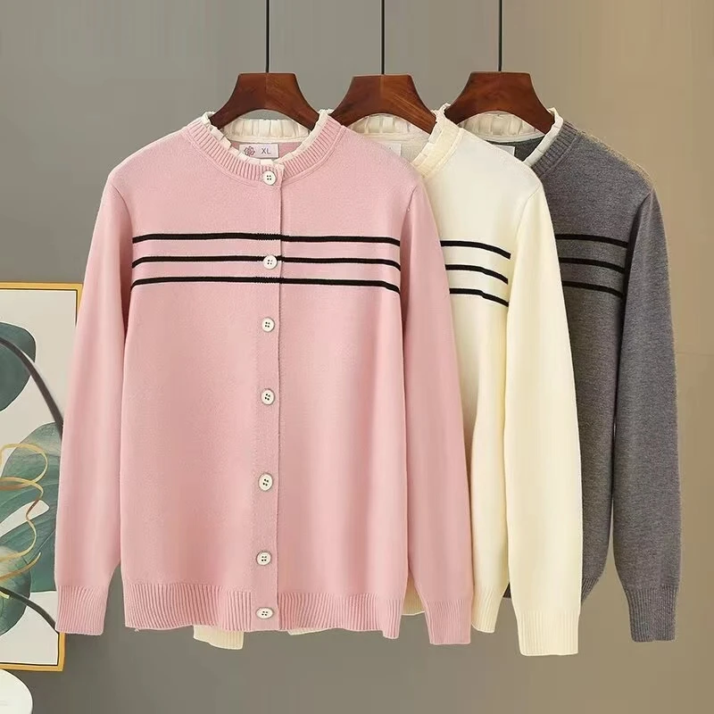 JUNJIE秋季新款大码女装圆领花边长袖软糯针织开衫洋气休闲毛衣