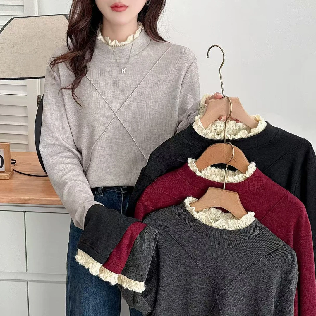 JUNJIE大码女装蕾丝领假两件加厚内搭显瘦磨毛T恤花边立领小衫