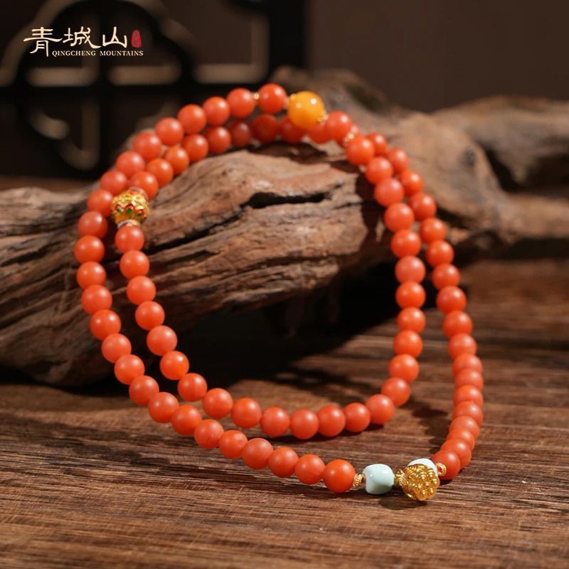 青城山保山南红锁骨链6mm两用柿子红三圈手串18K金保山南红手串