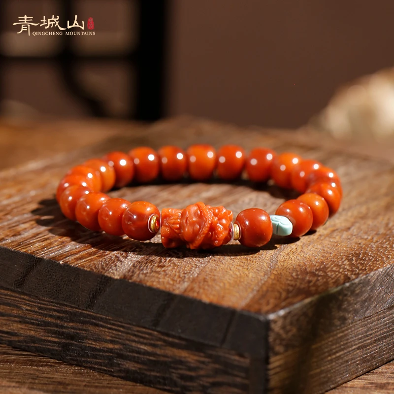 青城山天然原矿玫锦双色瓦西老型南红手串9mm醒狮绿松18K金单圈