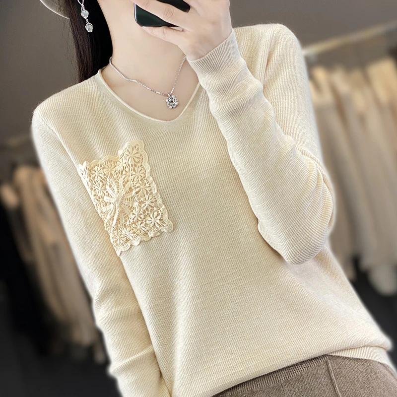 V领假兜针织衫女秋季新款洋气套头长袖毛衣显瘦内搭打底衫2023款