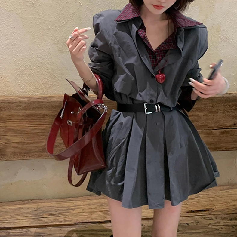 【花粉专享】假两件格子拼接衬衫裙学院高级感立裁收腰百褶连衣裙