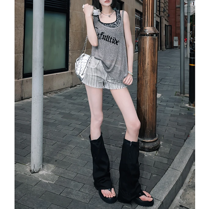 【花粉专享】高街做旧脏脏条纹热裤小众设计感辣妹朋克毛边阔腿裤