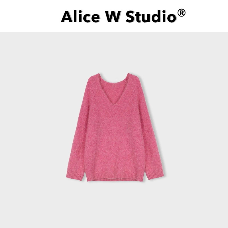 【花粉专享】套头大V领玫红色调慵懒风毛衣厚实感宽松针织衫