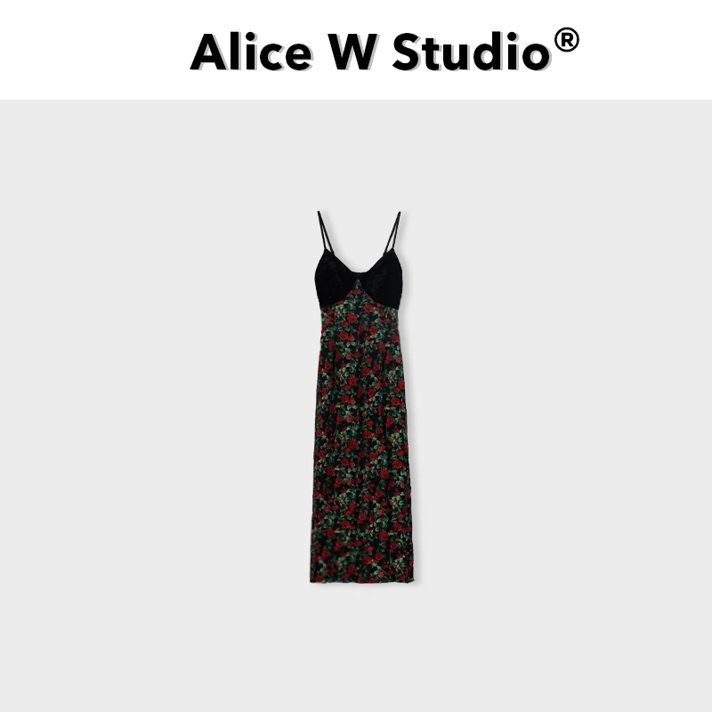 【花粉专享】莫奈花园 拼色玫瑰花连衣裙设计感重工吊带裙