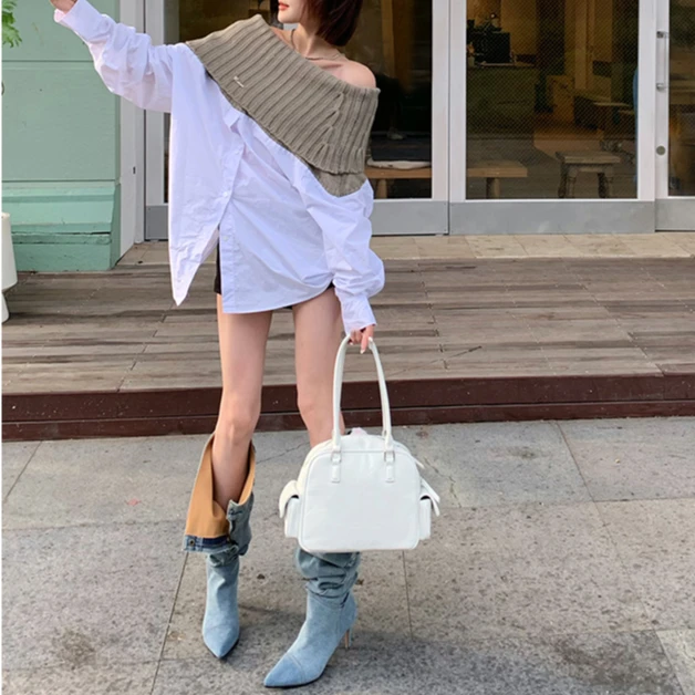 【花粉专享】小众设计感一字领毛衣拼接衬衫辣妹风假两件慵懒上衣