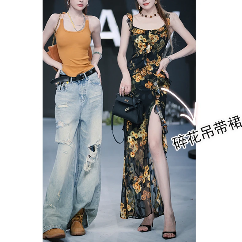 【花粉专享】复古黄玫瑰收腰包臀开叉连衣裙性感荷叶边碎花吊带裙