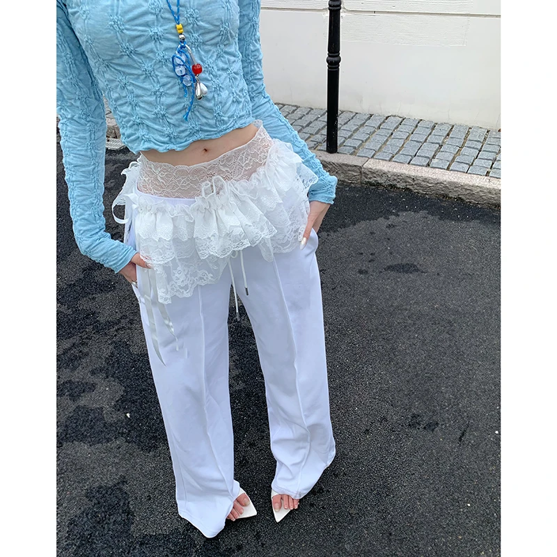 【花粉专享】白色蕾丝拼接松紧腰头休闲裤慵懒风高腰阔腿垂感拖地裤