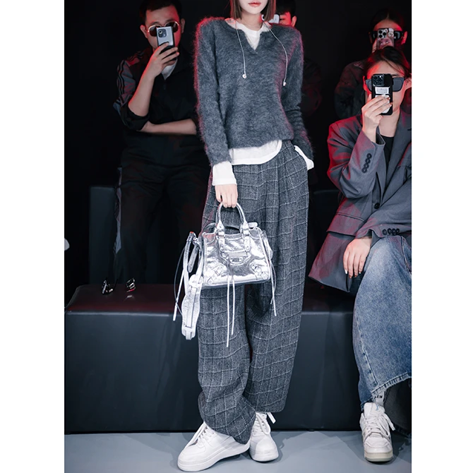 【花粉专享】【格调灰裤】复古雅痞毛呢全毛羊毛格子裤高腰阔腿裤