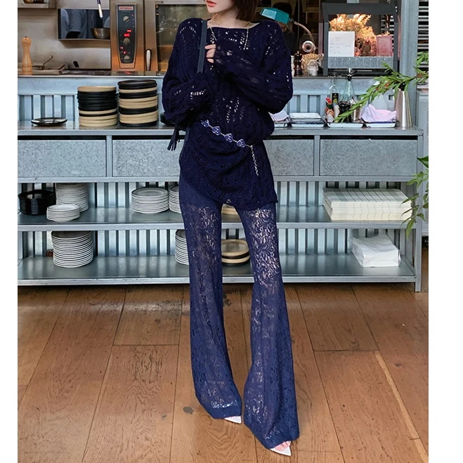 【花粉专享】高雅与性感一体的钩花蕾丝裤高腰垂感微透阔腿拖地裤