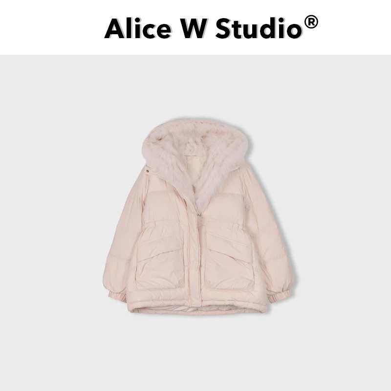 【花粉专享】重工狐狸毛拼接连帽白鸭绒羽绒服温柔色宽松短外套