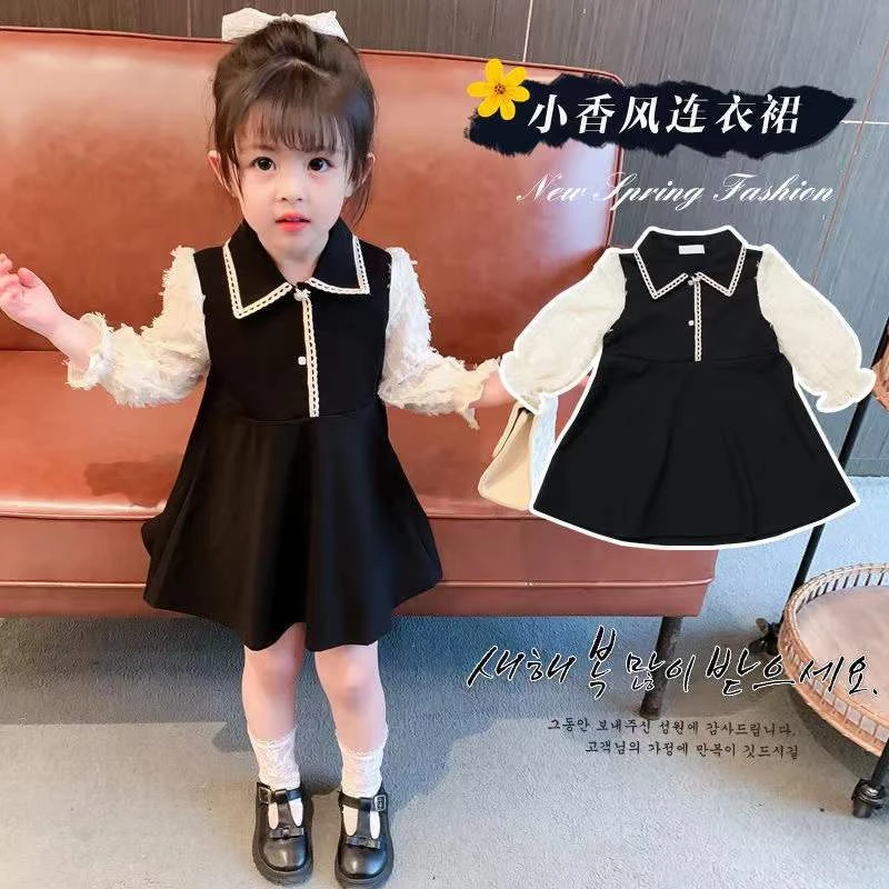 女童小香风连衣裙春装2023季公主裙宝宝假两件洋气学院裙子6186