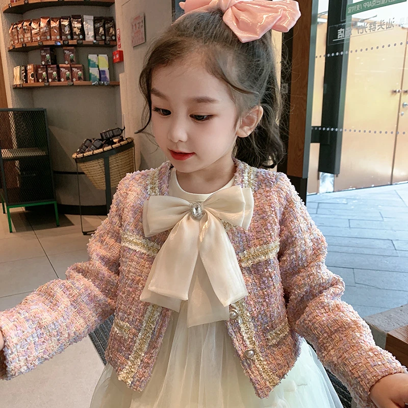 女童小香风蝴蝶结2023秋装新款套装裙女宝宝两件套网纱洋气儿童裙
