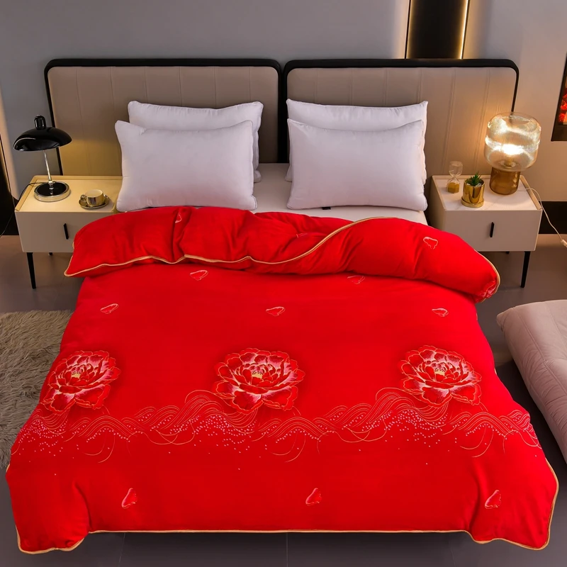冬季结婚大红色牛奶绒被套单件加厚珊瑚绒双面法兰绒加绒毛绒被罩